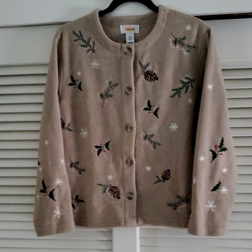 Talbots Beige Fleece Jacket with Embroidered Pinecones, Holly &Snowflakes Size S